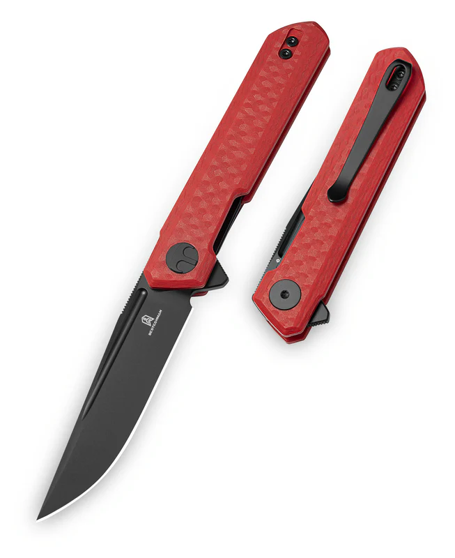 Bestechman Mini Dundee Special Red G10 Knife, Black PVD D2 by Ostap Hel (BMK03N)