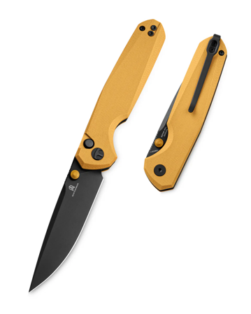 Bestechman Velix Yellow G10 Knife, Black PVD 14C28N by Ostap Hel (BMK07E)