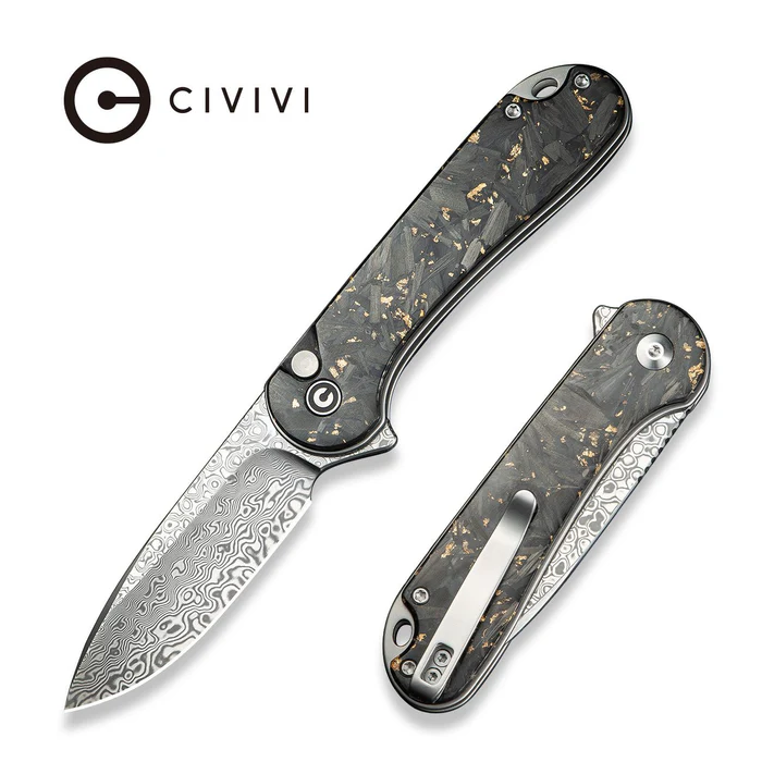 Civivi Button Lock Elementum II Knife Shredded Carbon Fiber/Golden Shred, Damascus (C18062P-10)