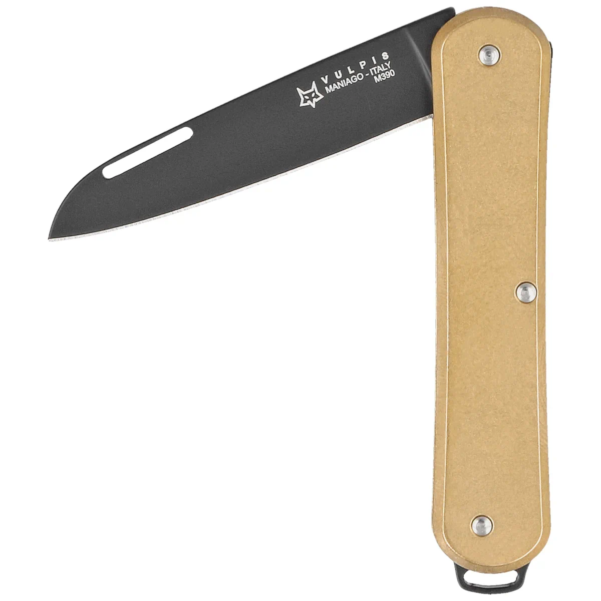 Fox Vulpis Brass, Black Top Shield M390 Pocket Knife (FX-VP130 OTB)