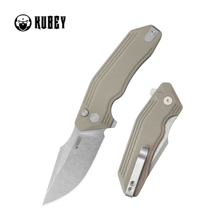 Kubey Basilisk Knife Tan G10, Stonewashed 14C28N by Damned Designs (KU391C)