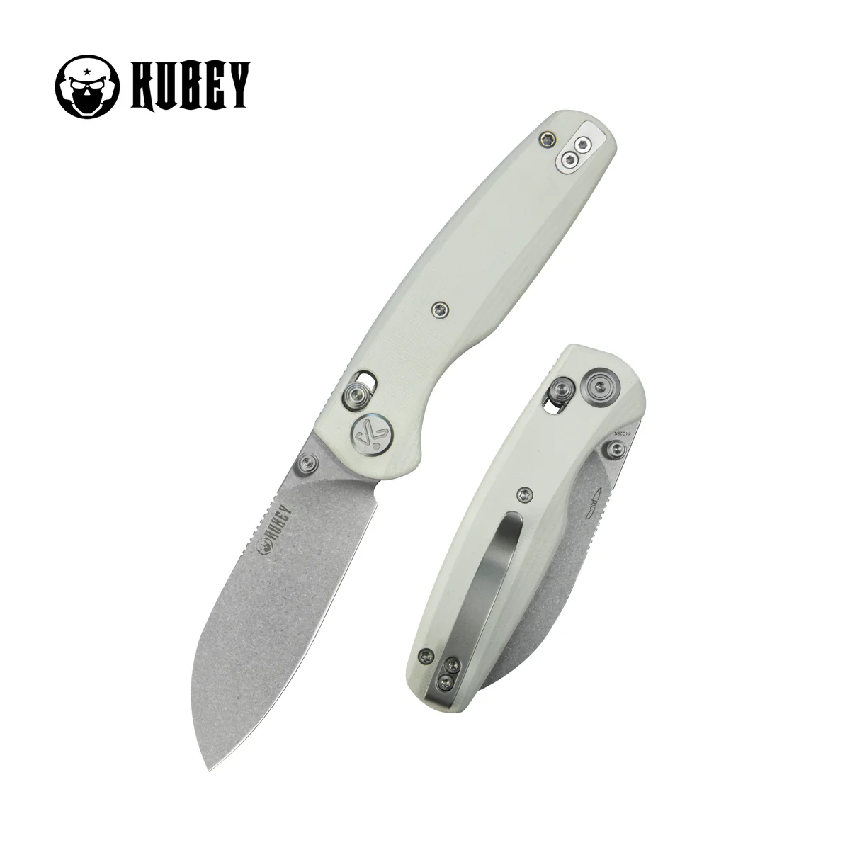 Kubey Breeze Knife White G10, Stonewashed 14C26N by Caleb Waltman (KU288E)