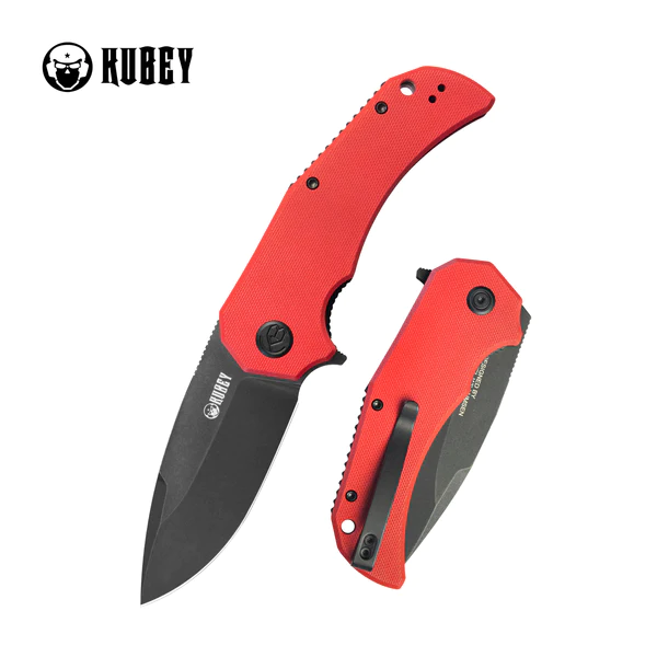 Kubey Knife Bravo One Drop Point Red G10, Black Stonewashed AUS-10 by Mikkel Willumsen (KU319E)