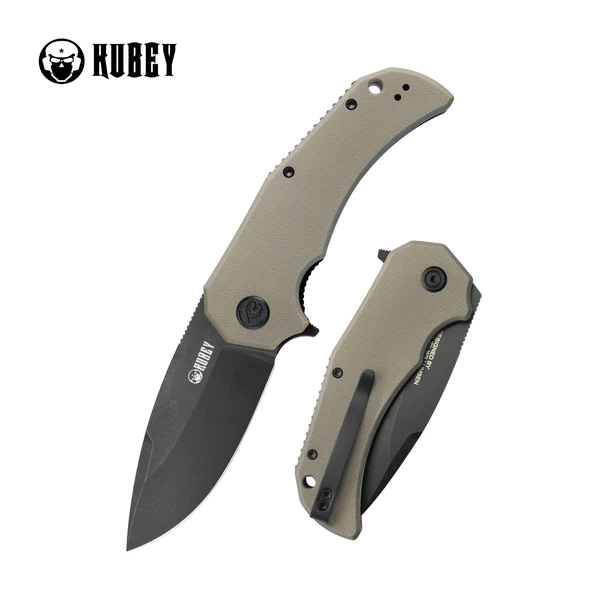 Kubey Knife Bravo One Drop Point Tan G10, Black Stonewashed AUS-10 by Mikkel Willumsen (KU319D)