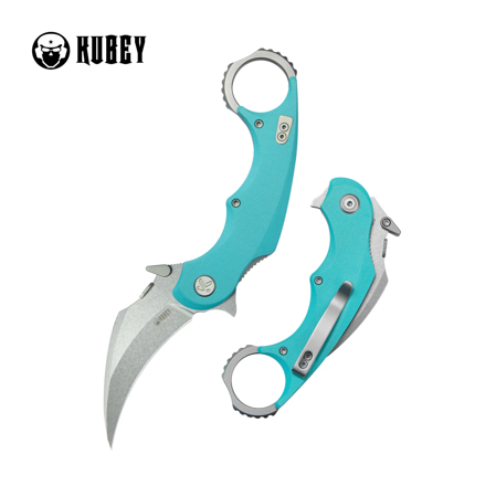 Kubey Rogue Pikal Karambit Knife Light Blue G10, Stonewashed 14C28N by MUZI Design (KU298C)