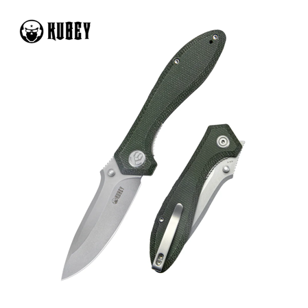 Kubey Ruckus Knife Green Micarta, Beadblasted AUS-10 by Sherif Manganas (KU314N)