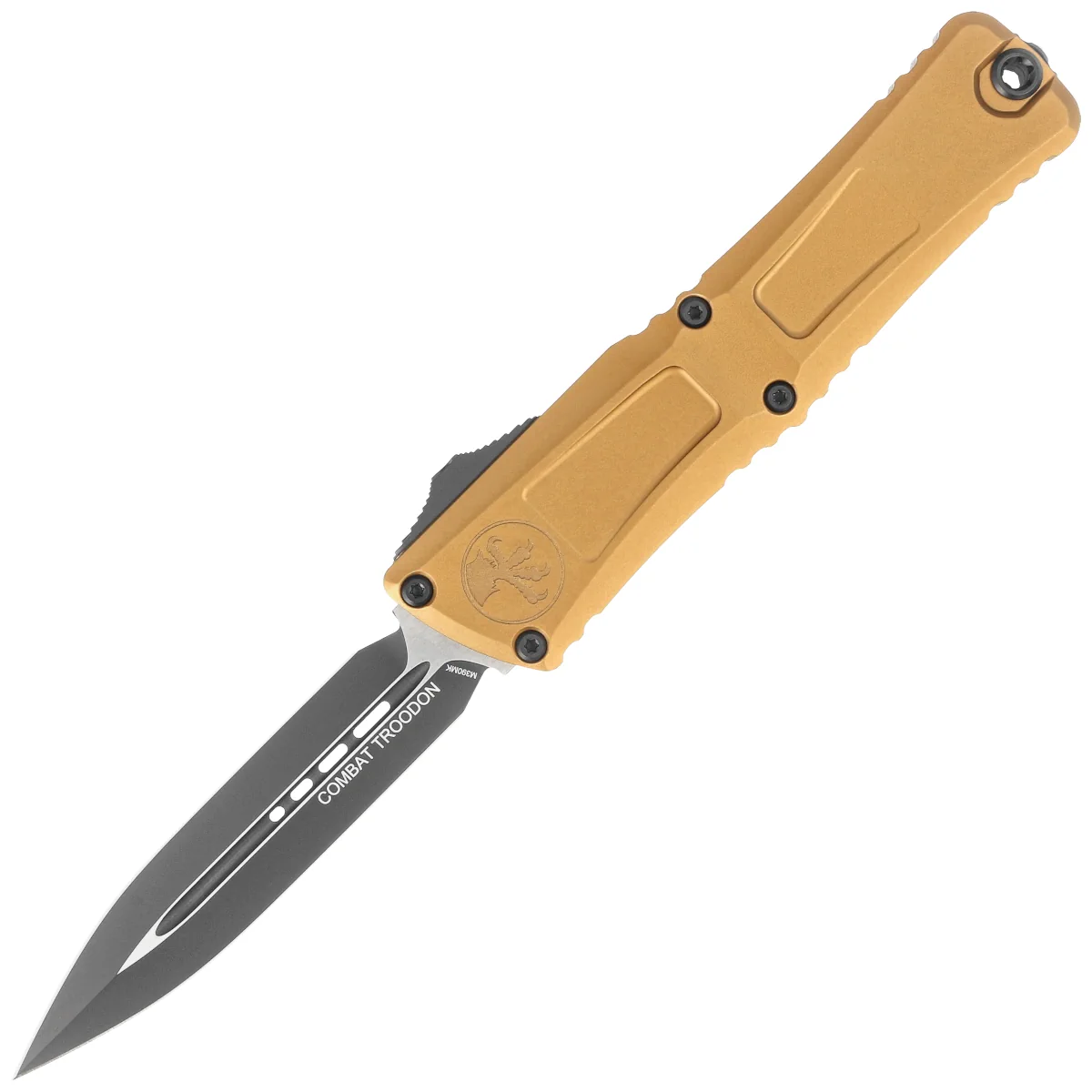 Microtech Combat Troodon D/E Gen III OTF Knife Tan Aluminum, Black M390MK by Tony Marfione (1142-1TA)