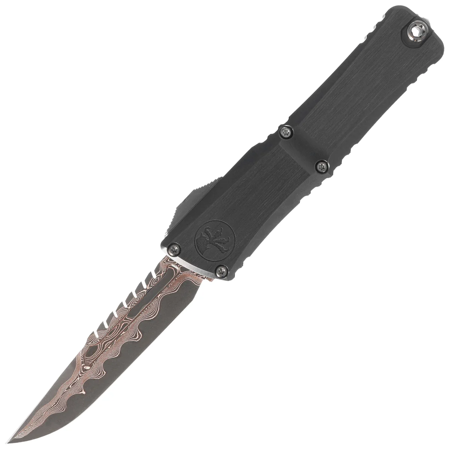 Microtech Custom Combat Troodon LT Interceptor Signature OTF Knife Black Aluminum, Baker Forge Raindrop CopperMai Damascus by Tony Marfione (1217-16MS1)