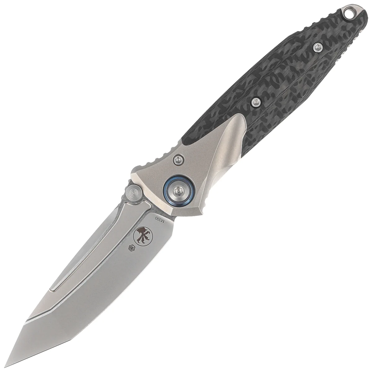 Microtech Socom Bravo Mini T/E Titanium/Carbon Fiber, Blue HW, Bead Blasted M390 by Tony Marfione (261M-7CFTI)