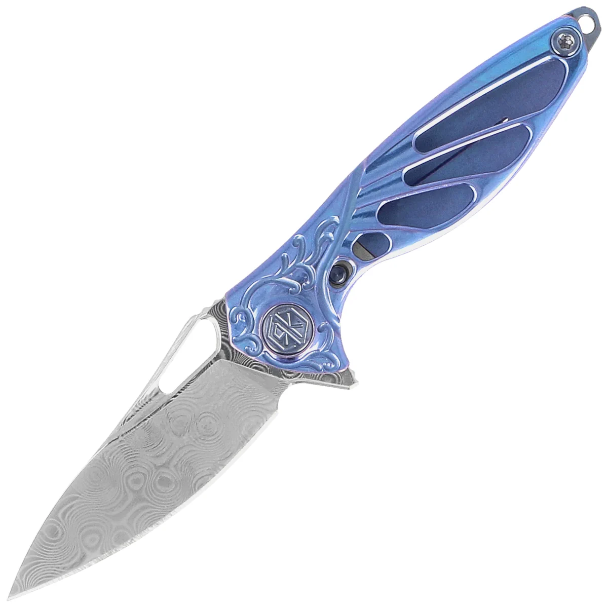 RikeKnife Mini Hummingbird Blue Titanium, Rose Damascus by Richard Wu (RK-MINI-BL)