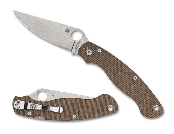 Spyderco Military 2 Knife Brown Canvas Micarta, Satin Cru-Wear by Sal and Eric Glesser (C36MPCW2)