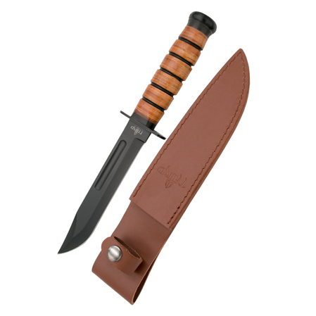 Third Decor Habitat USMC Ka-Bar Style Brown Leather, Black Blade Knife (11593)