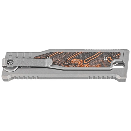 Reate EXO-M Gravity Drop Point Knife Bead Blasted Titanium/Damascus Orange-Black G10, Satin Elmax