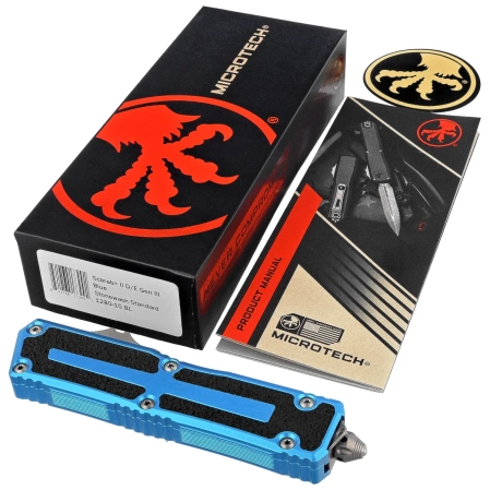 Microtech Scarab II Gen III D/E OTF Knife Blue Aluminum, Stonewashed M390MK by Tony Marfione (1280-10BL)