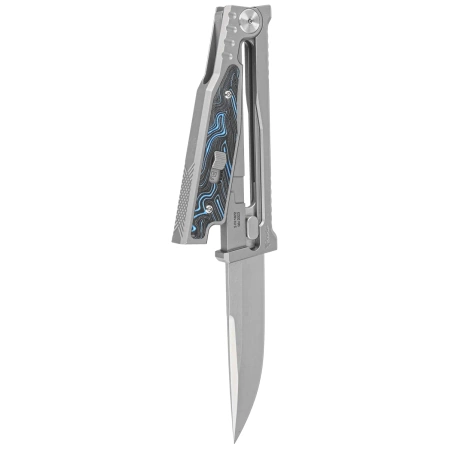 Nóż grawitacyjny Reate EXO-M OTF Gravity Drop Point Bead Blasted Titanium/Damascus Blue-Black G10, Satin Elmax
