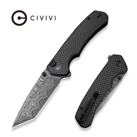 Civivi Brazen Button Lock Knife Twill Carbon Fiber Overlay on Black G10, Damascus (C19059C-DS1)