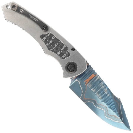 Heretic Knife Pariah-A Custom Titanium / Fat Carbon Snakeskin Inlays, Blued Baker Forge Elite AuroraMai Damascus by Tony Marfione Jr.