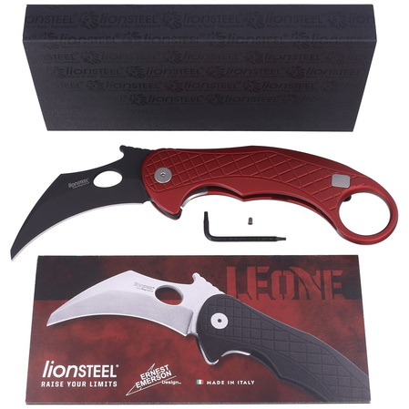 LionSteel L.E.One Knife Red Aluminum, Chemical Black MagnaCut by Emerson Design (LE1 A RB)
