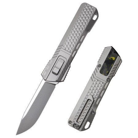 Nóż grawitacyjny Remette RT-Sharp Leopard Titanium, Manual Fine Grinding Pearlescent/Manual Wire Drawing M390 (ZL301A)