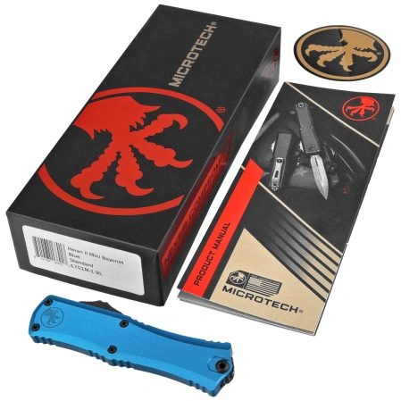 Microtech Hera II Mini Bayonet OTF Knife Blue Aluminium, Black M390MK by Tony and Sean Marfione (1701M-1BL)