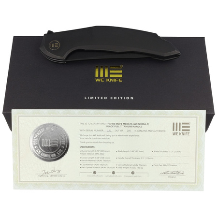 Nóż składany WE Knife Merata LE No 141/205 Black Titanium, Black Stonewashed CPM 20CV by Anton Tkachenko (WE22008A-1)