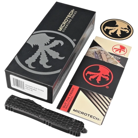 Microtech Ultratech D/E Sith Lord Signature OTF Knife Tri-Grip Black Aluminum, Red M390 by Tony Marfione (122-1SL)