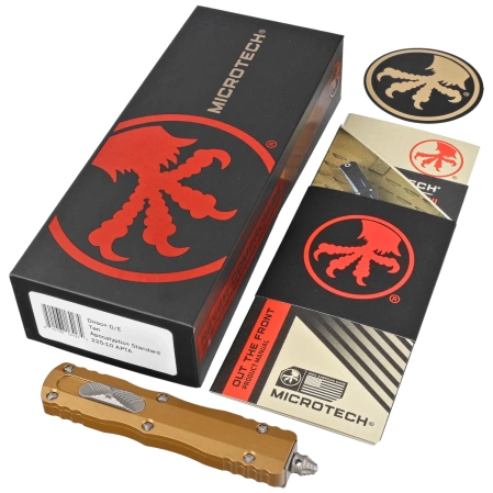 Microtech Dirac D/E Tan Aluminum OTF Knife, Apocalyptic M390 by Tony Marfione (225-10APTA)