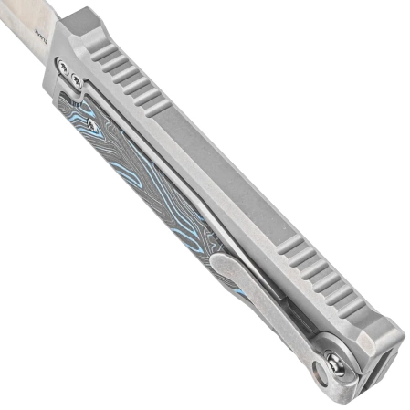 Reate Knife EXO-M OTF Gravity Drop Point Bead Blasted Titanium/Damascus Blue-Black G10, Satin Elmax