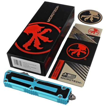 Microtech Scarab II Gen III D/E OTF Knife Turquoise Aluminum, Stonewashed M390MK by Tony Marfione (1280-10TQ)