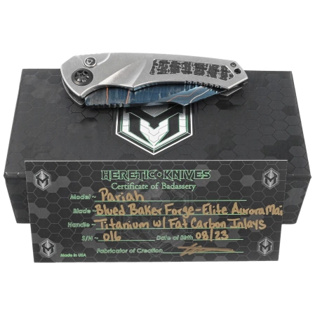 Heretic Knife Pariah-A Custom Titanium / Fat Carbon Snakeskin Inlays, Blued Baker Forge Elite AuroraMai Damascus by Tony Marfione Jr.