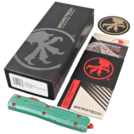 Microtech Ultratech T/E Bounty Hunter Signature OTF Knife Distressed Green Aluminum, Apocalyptic P/S M390 by Tony Marfione (123-11BH)