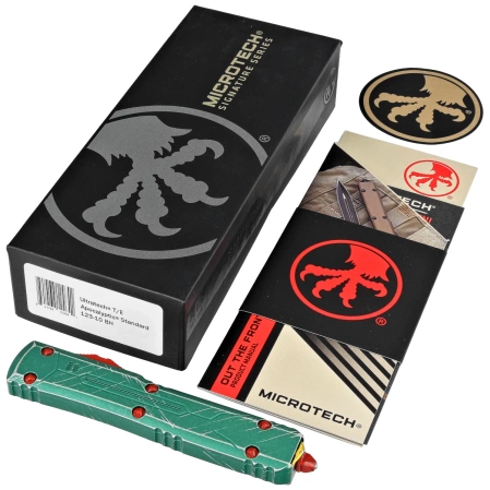 Microtech Ultratech T/E Bounty Hunter Signature OTF Knife Distressed Green Aluminum, Apocalyptic M390 by Tony Marfione (123-10BH)