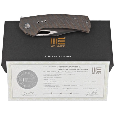 Nóż składany WE Knife Nefaris LE No 077/160 Tiger Stripe Titanium, Hand Rubbed Satin CPM 20CV (WE22040D-4)