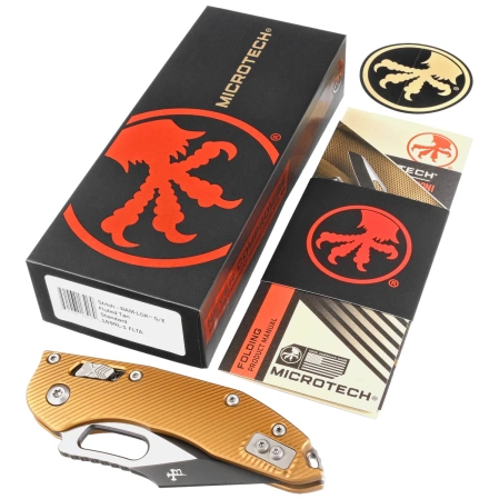 Microtech Stitch S/E Fluted Tan Aluminum, Black/Satin M390MK by Borka Blades and Tony Marfione (169RL-1FLTA)