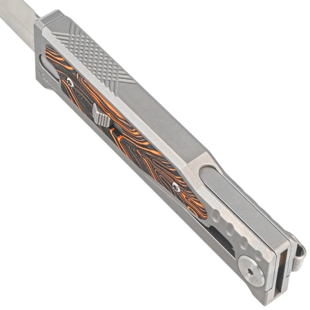Nóż grawitacyjny Reate EXO-M OTF Gravity D/E Bead Blasted Titanium/Damascus Orange-Black G10, Satin Elmax