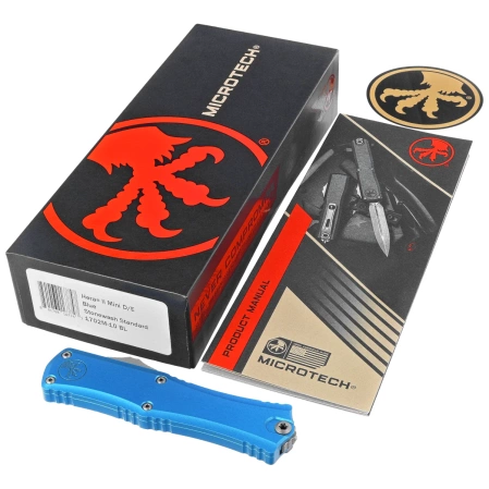 Microtech Hera II Mini D/E OTF Knife Blue Aluminum, Stonewashed M390MK by Tony Marfione (1702M-10BL)