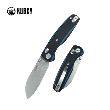 Kubey Breeze Knife Black / Blue G10, Stonewashed 14C28N by Caleb Waldman (KU288D)