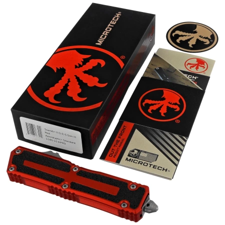 Microtech Scarab II Gen III D/E-S OTF Knife Red Aluminum, Apocalyptic M390MK by Tony Marfione (1180-10APRD)