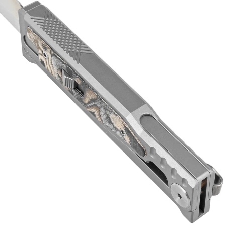 Reate Knife EXO-M OTF Gravity D/E Bead Blasted Titanium/Burl Linen Micarta, Satin Elmax