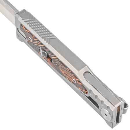 Nóż grawitacyjny Reate EXO-M OTF Gravity Drop Point Bead Blasted Titanium/Damascus Orange-Black G10, Satin Elmax