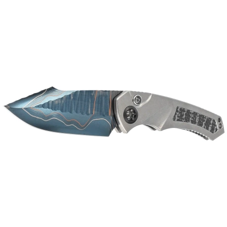 Heretic Knife Pariah-A Custom Titanium / Fat Carbon Snakeskin Inlays, Blued Baker Forge Elite AuroraMai Damascus by Tony Marfione Jr.