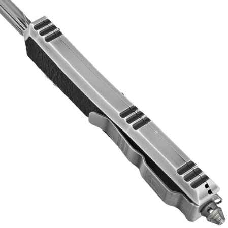 Nóż automatyczny OTF Microtech Makora D/E Signature Silver Distressed Aluminium/Leather, Black Stonewashed M390 by Tony Marfione (206-1MD)