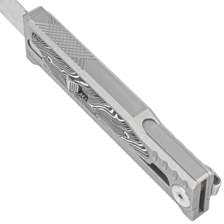 Reate Knife EXO-M OTF Gravity D/E Bead Blasted Titanium/Damascus Black-White G10, Satin Elmax