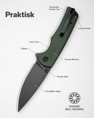 Sencut Praktisk Green Canvas Micarta, Black 9Cr18MoV (S24019-3)