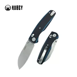 Kubey Breeze Knife Black / Blue G10, Stonewashed 14C28N by Caleb Waldman (KU288D)