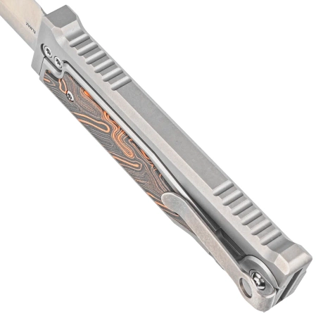 Nóż grawitacyjny Reate EXO-M OTF Gravity Drop Point Bead Blasted Titanium/Damascus Orange-Black G10, Satin Elmax