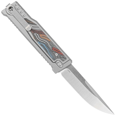Nóż grawitacyjny Reate EXO-M OTF Gravity Drop Point Bead Blasted Titanium/Damascus MultiColor G10, Satin Elmax