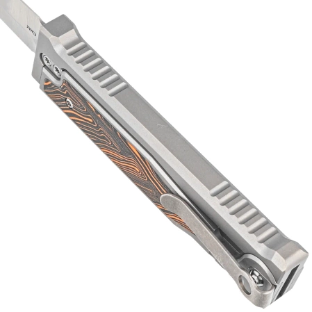 Nóż grawitacyjny Reate EXO-M OTF Gravity D/E Bead Blasted Titanium/Damascus Orange-Black G10, Satin Elmax
