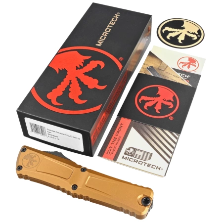 Microtech Combat Troodon Gen III D/E OTF Knife Tan Aluminum, Black M390MK by Tony Marfione (1142-1TA)